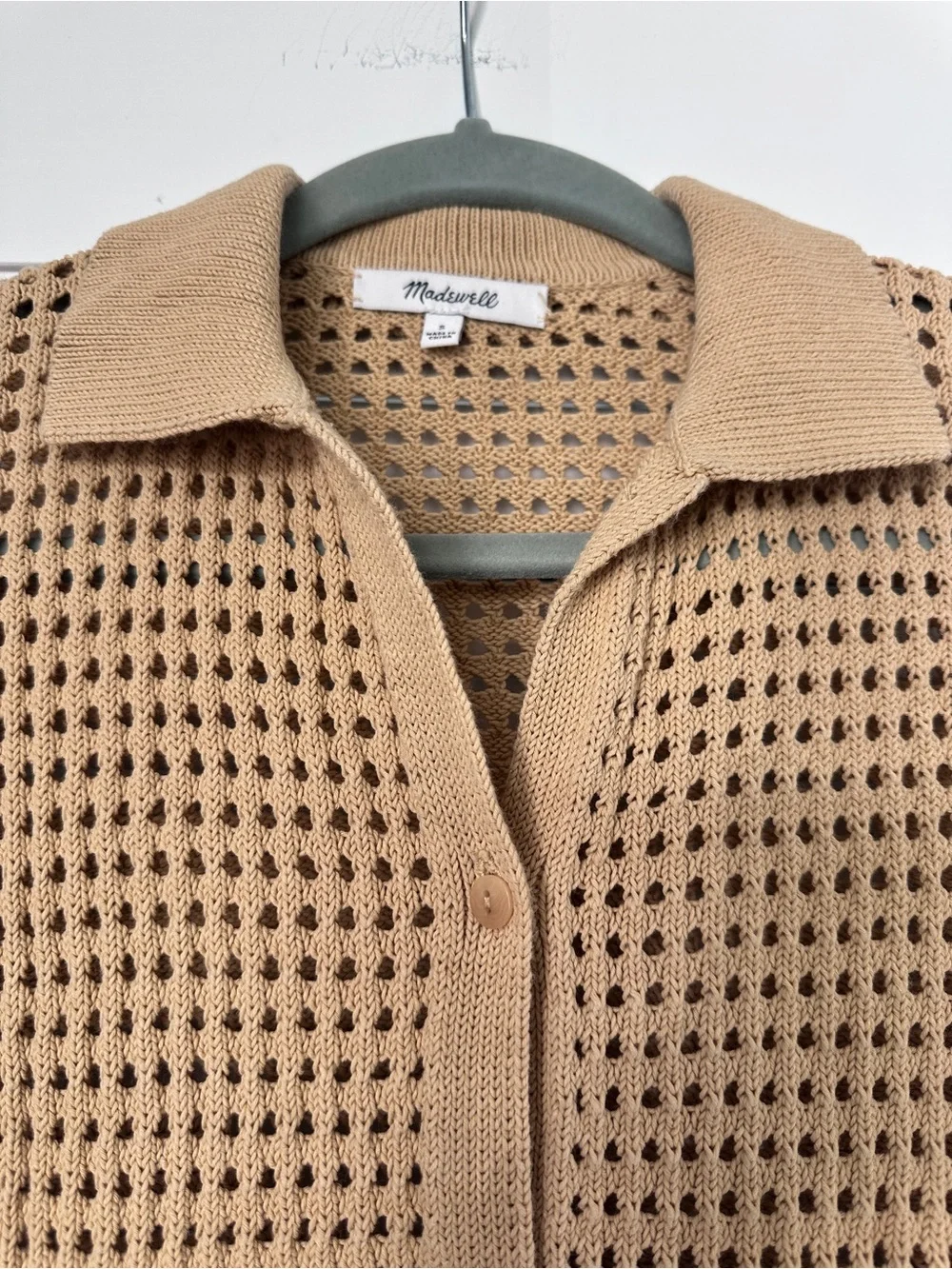 Madewell 100% Cotton Tan Crochet Stitch Open Knit Polo Cardigan Sweater Size S - Picture 5 of 16